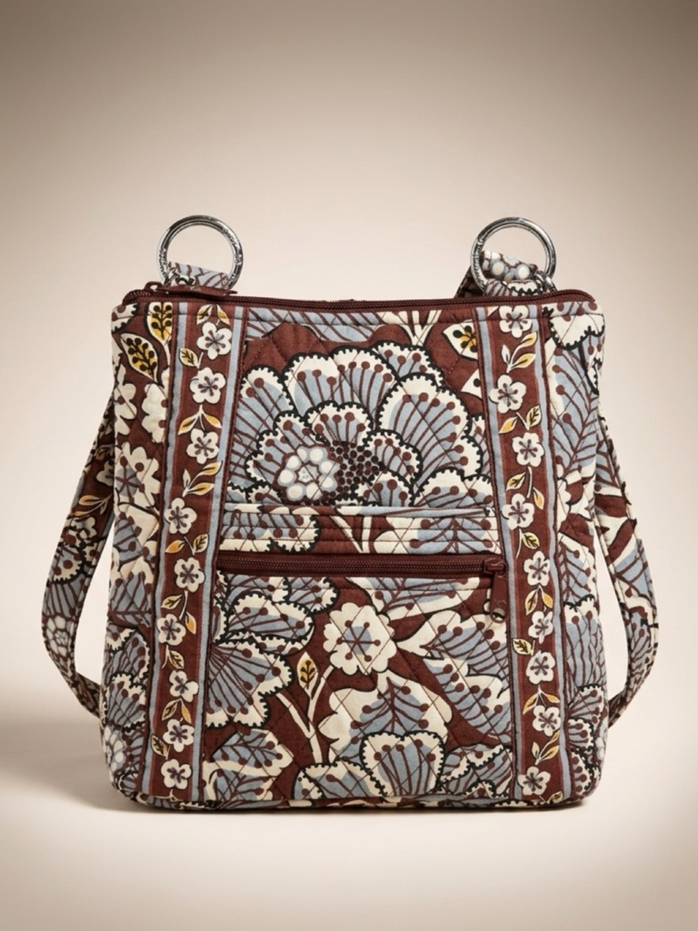 Vera Bradley Slate Blues Quilted Floral Crossbody Bag in Brown and Light Blue